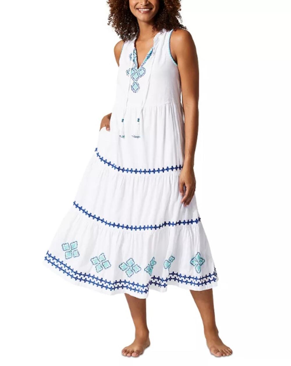 TOMMY BAHAMA Shell Beach Tiered Maxi Dress Small White Embroidered Cover-Up NWT